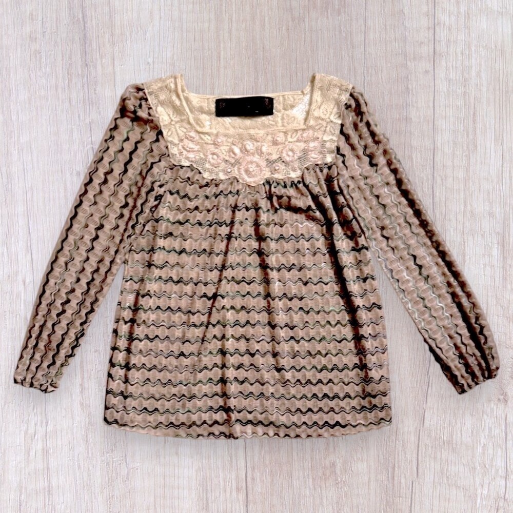FREE PEOPLE New Romantics Stripe Beige Lace Pink Beaded Peasant Blouse Top S